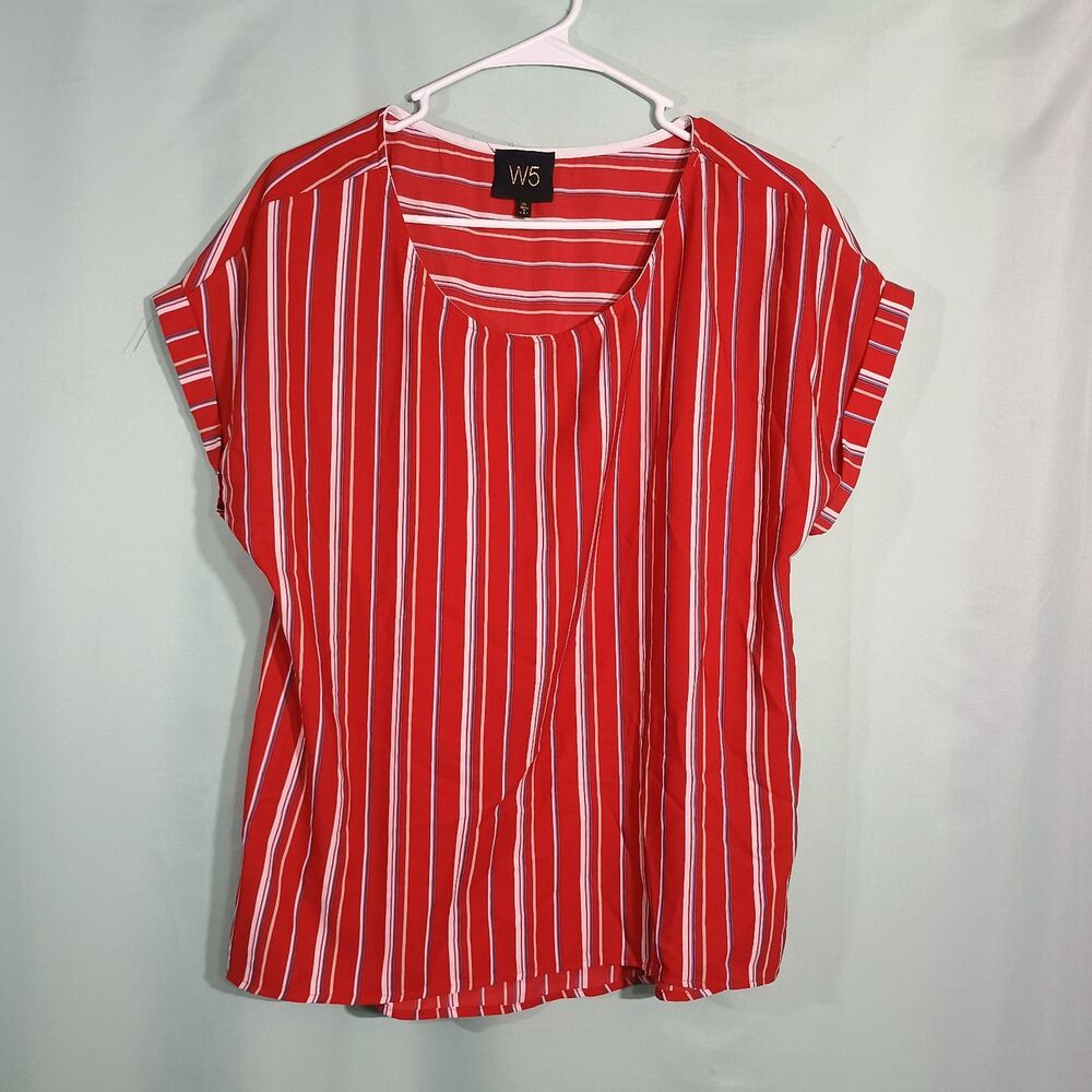 W5 Women’s Red & White Striped Short Sleeve Blouse – Casual Scoop Neck Top